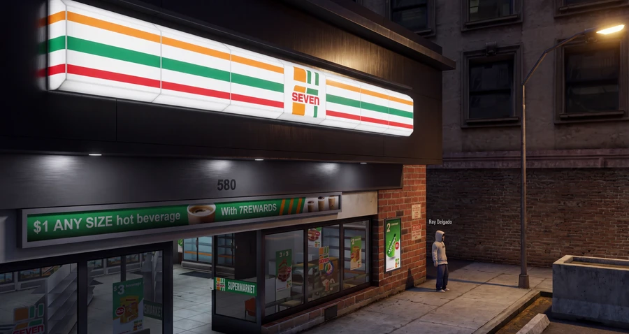 Sklep 24/7 nocą przy ulicy w Los Santos